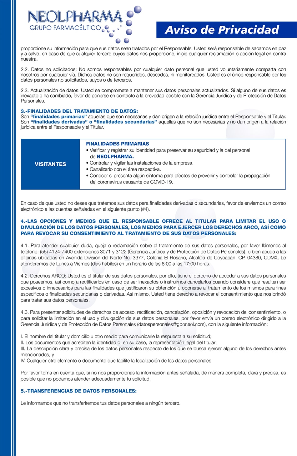 Aviso de Privacidad Visitantes